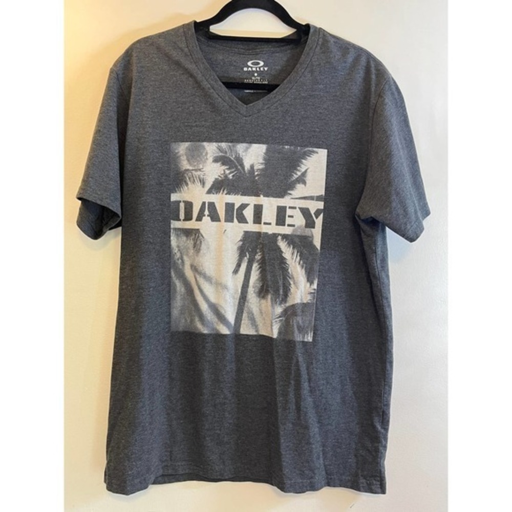 Oakley‎ T-Shirt XL Palm Trees V-Neck Heather Gray Extra Large
